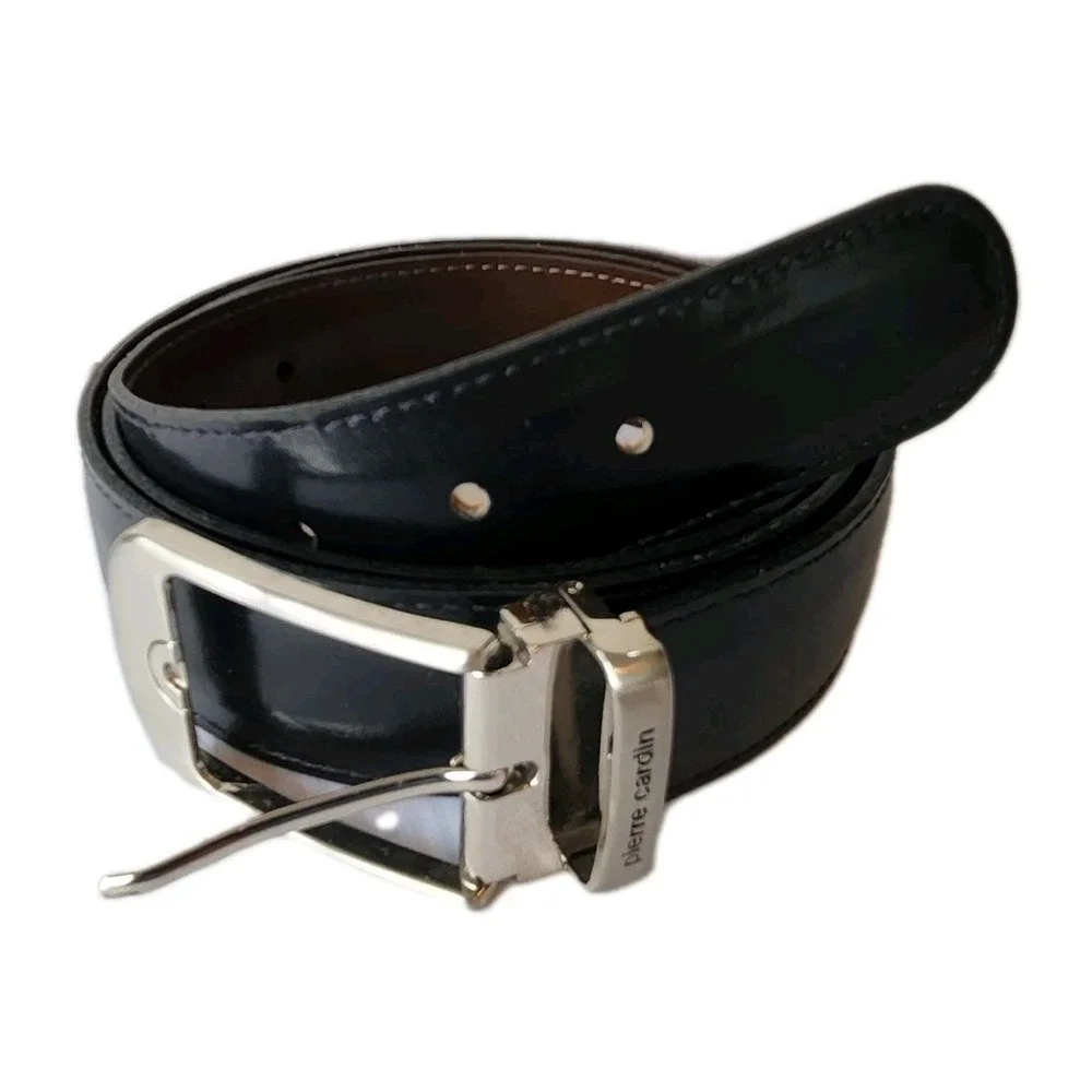 Pierre Cardin Belt Mens 40 Smooth Black Leather Dress Silver Buckle Classic City